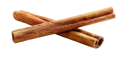 Two aromatic cinnamon sticks crossed on a dark background