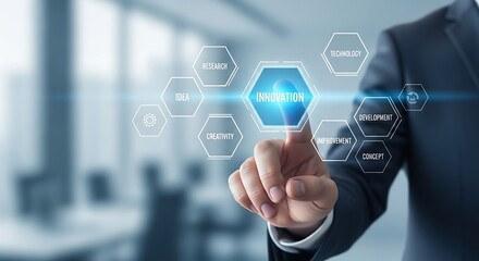 Professional hand interacting with a digital innovation interface, highlighting strategic technology, creative solutions, and future business growth in a modern corporate environment
