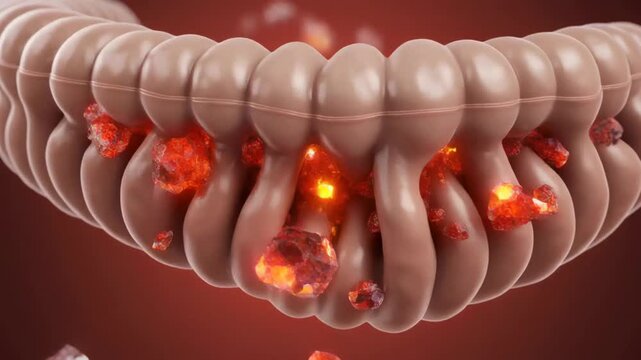 Digestive system internal view with inflammation and pain