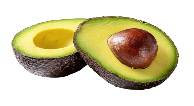 Fresh avocado halved, revealing vibrant green flesh and a large pit