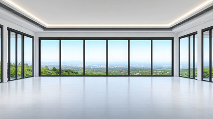 Fototapeta premium Spacious modern living room with panoramic windows, city view, minimalist style, bright