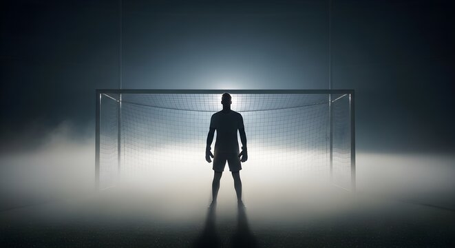 Silhouette of a soccer goalkeeper standing in front of a goal under dramatic lighting with fog