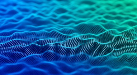 Abstract digital visualization of undulating blue and green waves, creating a futuristic and dynamic landscape of interconnected data points