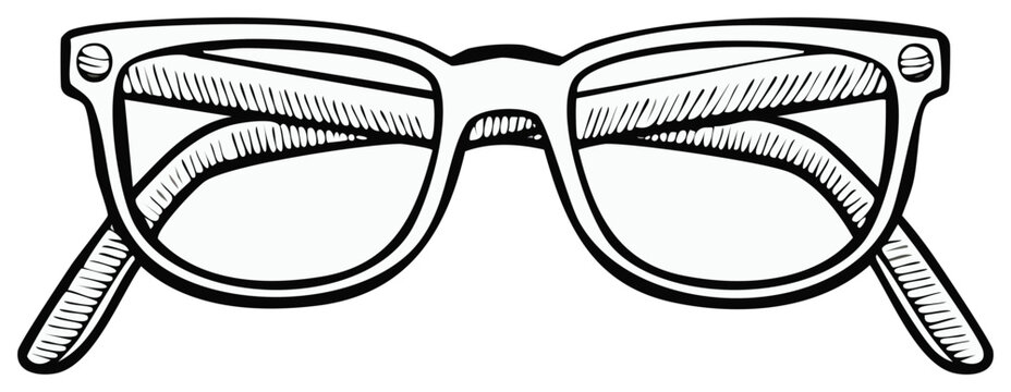 Hand drawn black and white sketch of classic eyeglasses with thick rims and textured temples