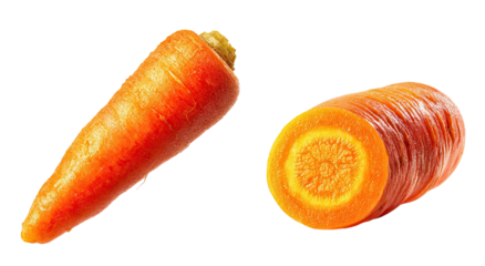 Bright orange carrot halves, one whole, one sliced, on black