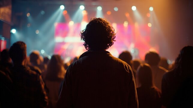 A man stands in a crowd of people, looking up at a stage. The stage is lit up with bright colors, creating a lively atmosphere. The man is waiting for something to happen. High quality