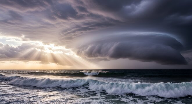 Dramatic storm clouds with sunbeams piercing the ocean waves under a vast sky