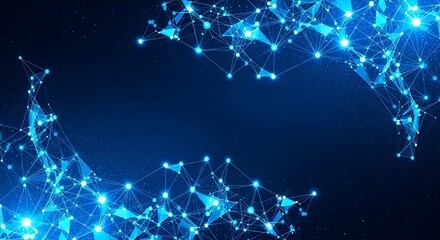 Abstract technological network background with glowing blue interconnected dots and lines, symbolizing data communication, digital information flow, and a futuristic concept