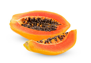 half of ripe papaya fruit  isolated on transparent png ( image from camera )