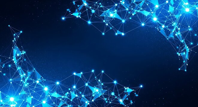 Abstract technological network background with glowing blue interconnected dots and lines, symbolizing data communication, digital information flow, and a futuristic concept