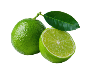 Bright green lime, whole and halved, with leaf on dark background
