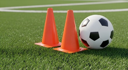 Two orange soccer cones and a black and white soccer ball on green grass with white lines