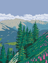 WPA style ukiyo-e or ukiyo illustration of Berchtesgaden Alps viewed from Kehlstein in Berchtesgaden National Park, Bavaria, Germany done in retro works project administration style.