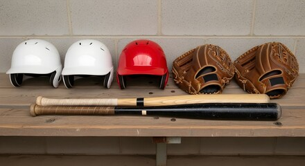 Baseball equipment including helmets gloves and bats are arranged on a wooden bench