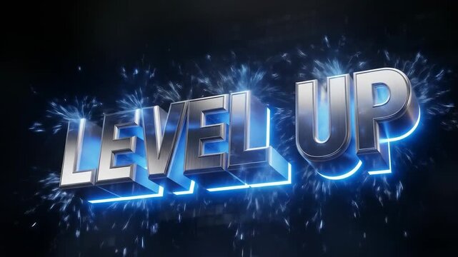 Animated Level Up text with blue glow and sparks ideal for game interfaces, success screens or titles