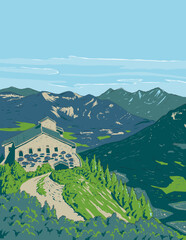 WPA style ukiyo-e or ukiyo illustration of Berchtesgaden Alps viewed from Kehlstein on the Goll massif in Berchtesgaden National Park Bavaria, Germany done in retro works project administration style.