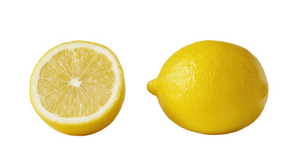 Bright yellow citrus fruit, one whole, one sliced in half