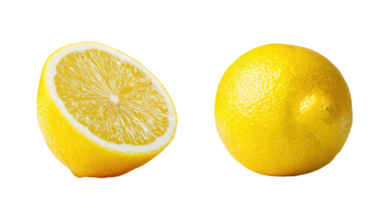 A whole lemon and a halved lemon, isolated on black