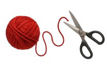 Red yarn ball and scissors cutting a red thread, illustrating concepts of ending, separation, and severance with transparent background