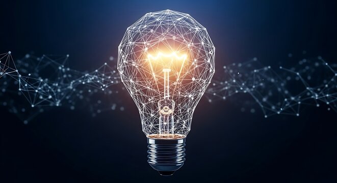 Glowing digital light bulb conceptualizing innovation, bright ideas, and technological advancement through an interconnected network of data and intelligence