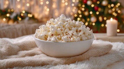A bowl of popcorn is sitting on a blanket in front of a Christmas tree