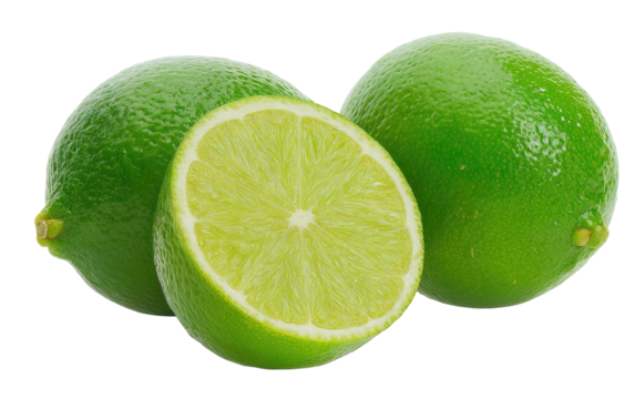 Two whole and one half bright green citrus fruit with textured skin