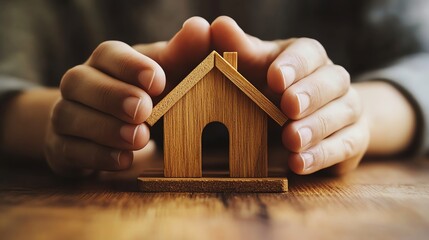 Hands protecting a small wooden house model.