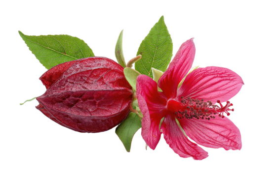Bright pink bloom with closed red seed pods and green leaves