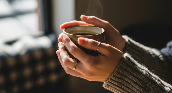 Close-up of hands holding a warm coffee cup with sunlight streaming through a window