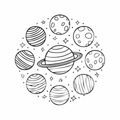 A whimsical planetary system illustration with hand-drawn planets and stars, radiating cosmic charm