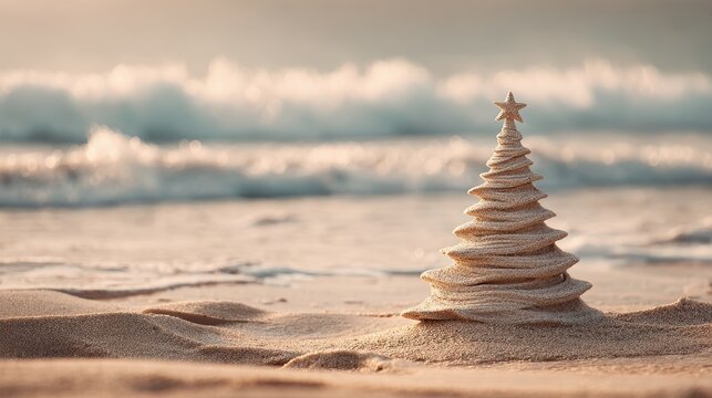 Sand christmas tree on the beach with ocean waves in the background during a warm sunset