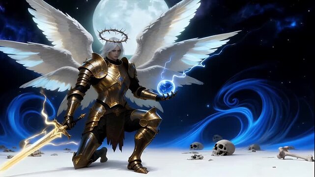 Celestial Warden: Armored Angel with Lightning Orb and Thorn Halo