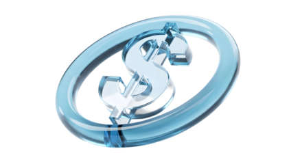 A clear blue glass dollar sign inside a transparent oval ring