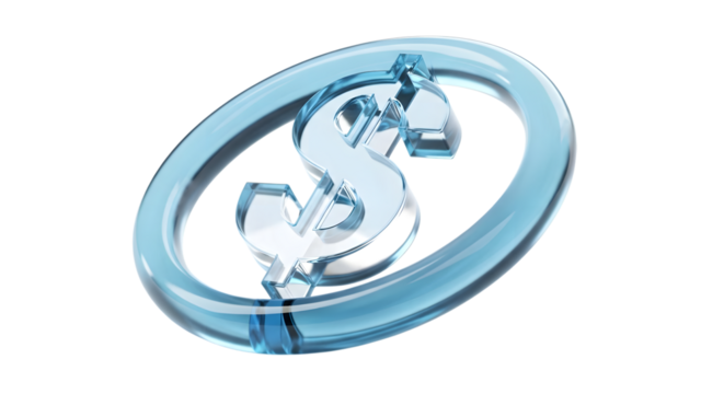 A clear blue glass dollar sign inside a transparent oval ring