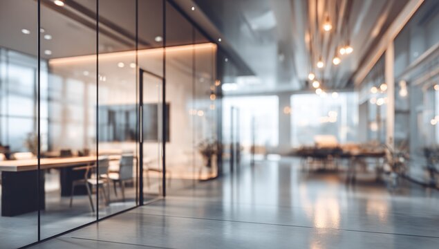 Blurred modern office interior with soft lighting and glass walls. High quality