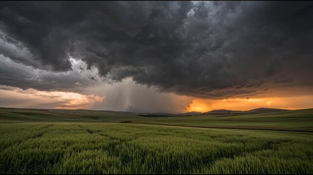 Dramatic storm clouds rolling over golden wheat field at sunset showcasing nature's raw power and beauty in a vibrant landscape