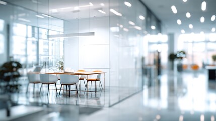 bright modern office interior, white background, blurred backdrop, glass partitions meeting room. High quality