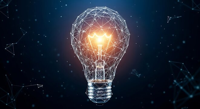Brilliant digital light bulb formed by a connected network, symbolizing innovation, creative ideas, and technological intelligence in a global context