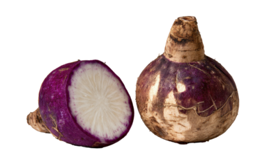 A purple-skinned root vegetable, halved, with a white interior