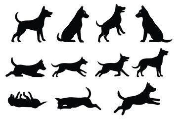 A clean set of dog poses in black silhouette style. Includes sitting, running, standing and playful dog actions.