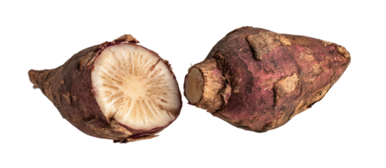 A whole and a halved tuber with reddish-purple skin and pale flesh