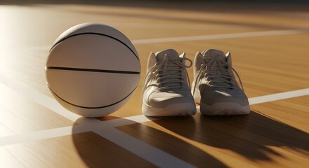 A white basketball and pair of athletic shoes rest on a polished wooden basketball court
