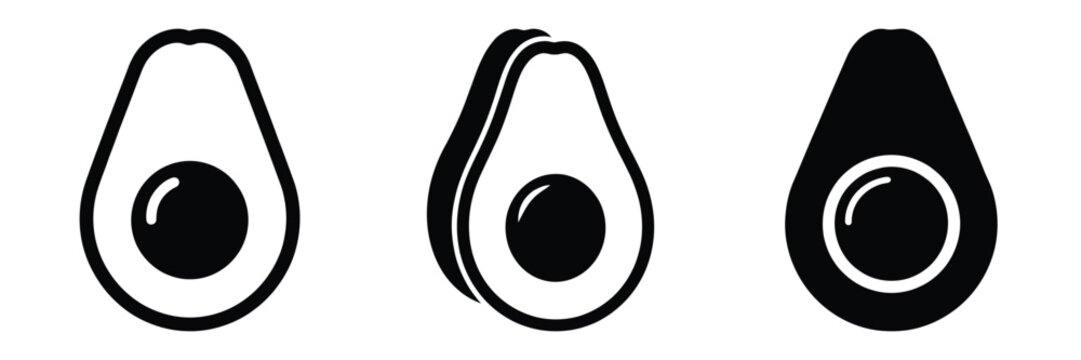avocado cut minimal food icon set, black color and white background