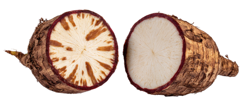 Two halves of a root vegetable, one with a patterned interior