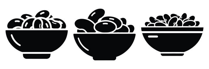 beans bowl minimal food icon set, black color and white background