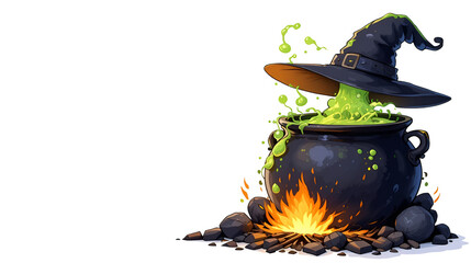 Witch cauldron with green bubbling potion over a fire. Vector cartoon illustration isolated on white background