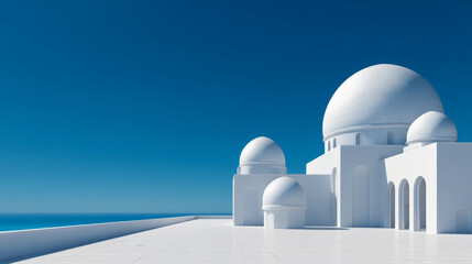 White dome blue sky coastal architecture minimal design Mediterranean style sunny day sea view white building arch terrace