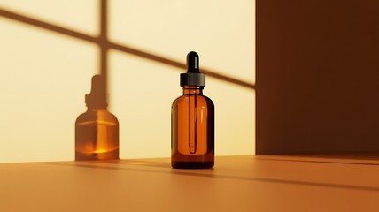 Amber glass dropper bottle with dramatic light and shadow
