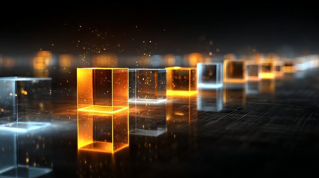 Abstract 3D rendering of glowing cubes and geometric shapes in dark futuristic space background for modern digital art wallpaper and technology design