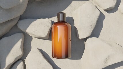 Amber glass bottle with pump dispenser on textured stone background